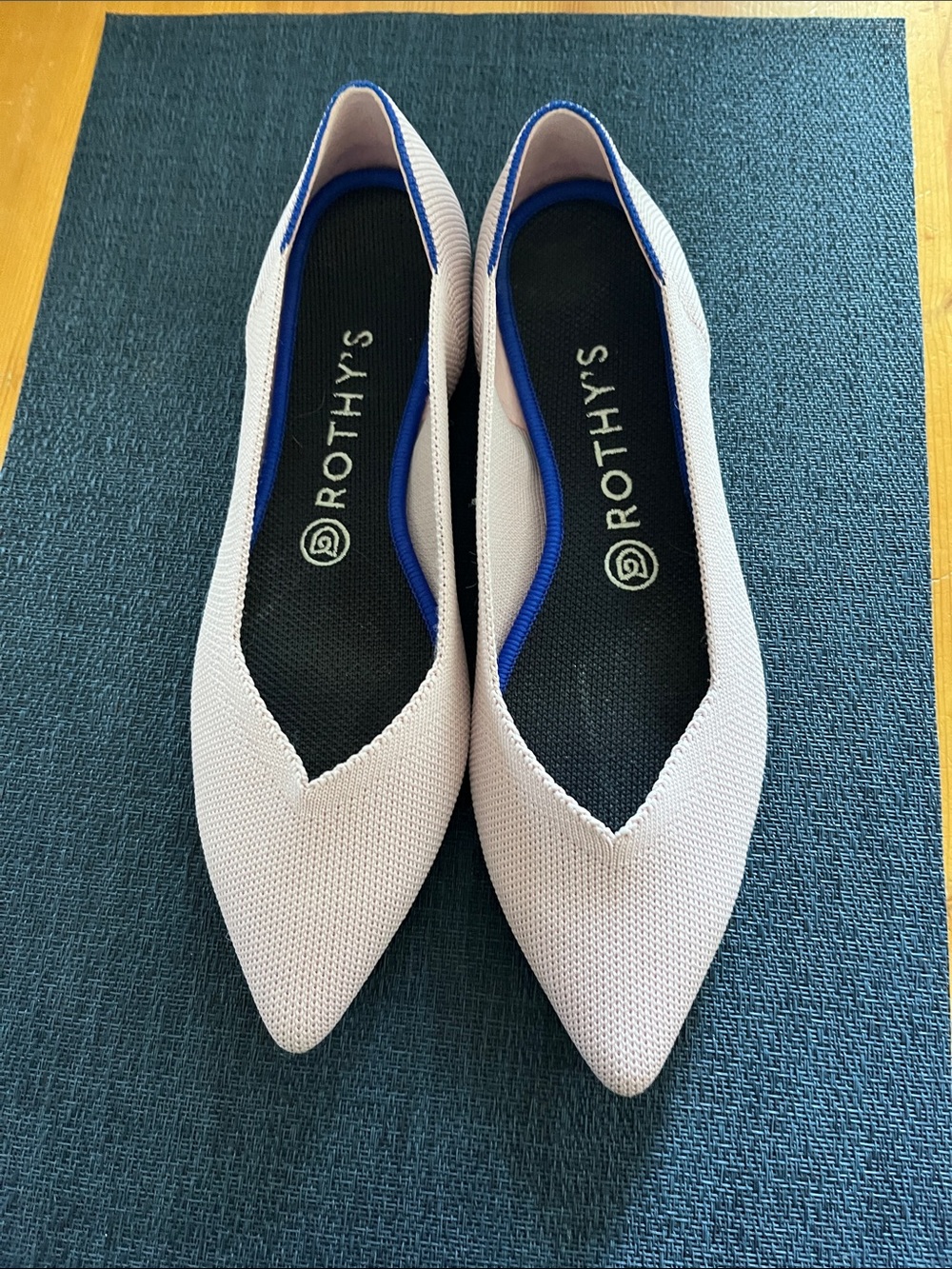 Rothy's Women's Pointed Knit Flats in Pale Pink with Blue Trim
